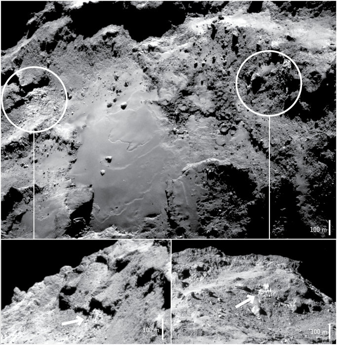 Two exposures of water ice identified by Rosetta’s VIRTIS instrument in the Imhotep region of Comet 67P/Churyumov–Gerasimenko in September–November 2014.