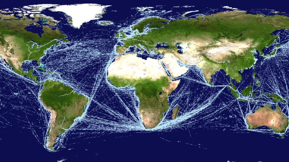 Map of global ship traffic based on satellite detection of signals that all ships transmit to enable the tracking of maritime traffic – the ocean equivalent of air traffic control.