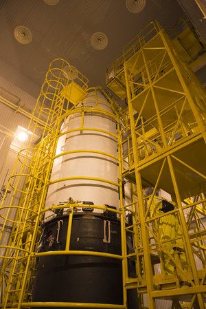 Sentinel-3A being encapsulated within its Rockot fairing