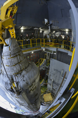 Sentinel-3A upper composite hoisted to the top of the service tower