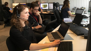  The rover experiment control team located at ESA's ESOC mission control centre, Darmstadt, Germany, watch closely as Tim commands Bridget.