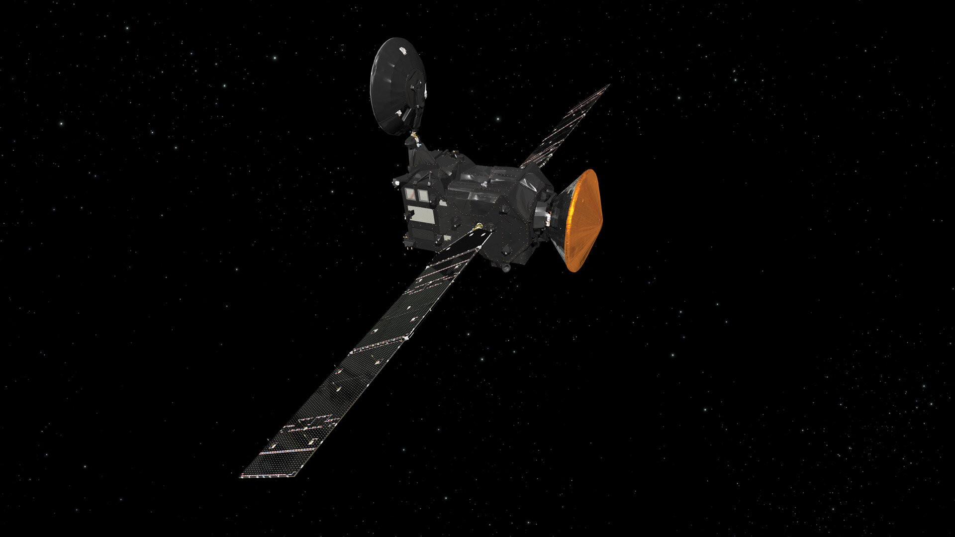 Kunstniku kujutis ExoMars 2016 Trace Gas Orbiterist teel Marsile koos Schiaparelli sisenemis-, laskumis- ja maandumismooduliga (paremal). Allikas: ESA/ATG medialab.