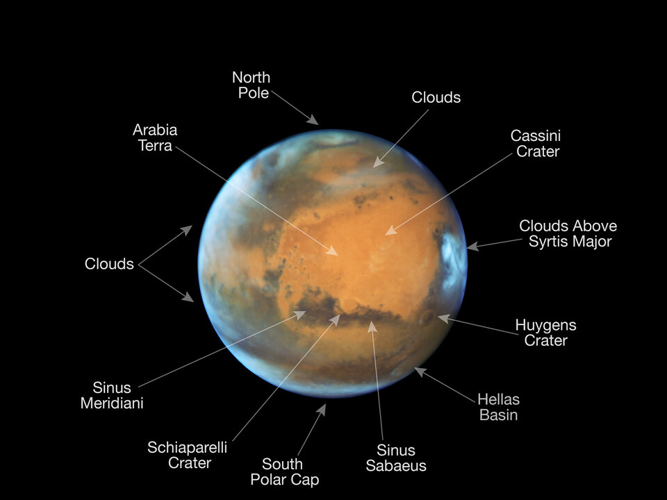 Oposición de Marte en 2016 (anotada) Créditos: NASA, ESA, el equipo de Hubble Heritage (STScI/AURA), J. Bell (ASU) y M. Wolff (Space Science Institute)