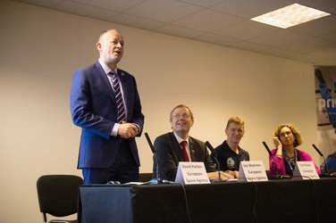 David Parker speaking at Press conference with ESA astronaut Tim Peake