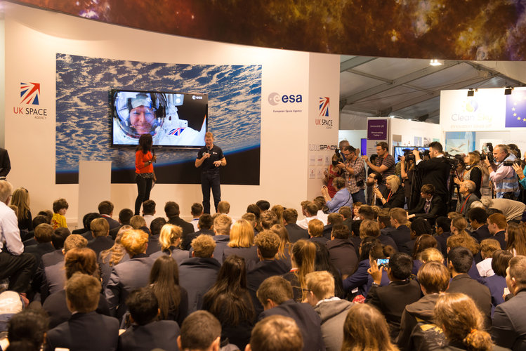 Tim Peake talking to school children in the Space Zone on Futures Day