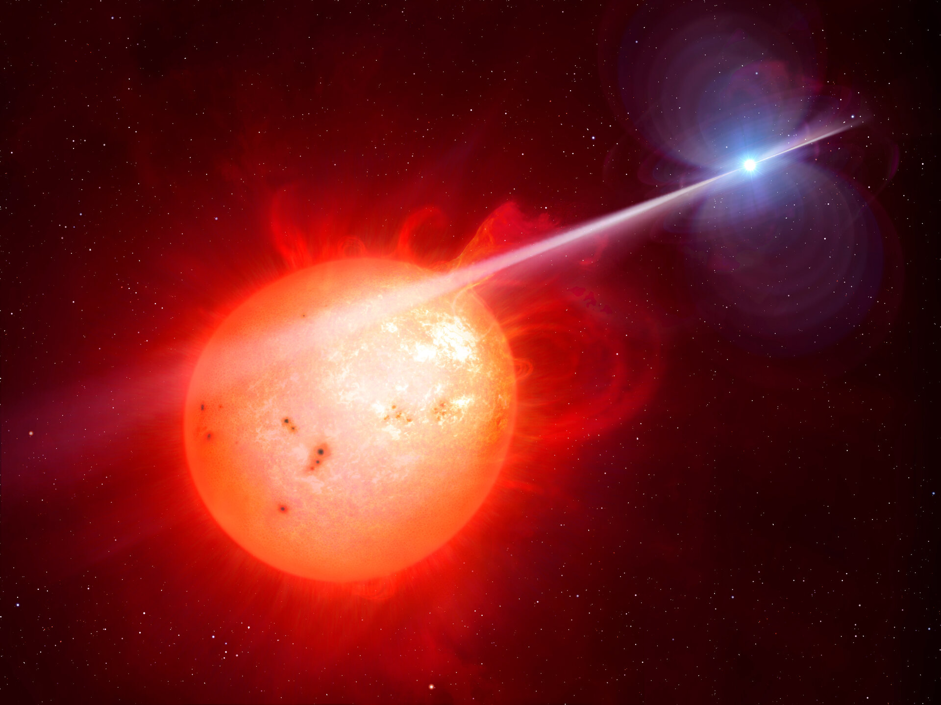 Reproducción simulada del exótico sistema estelar binario AR Scorpii. Créditos: M. Garlick/University of Warwick, ESA/Hubble
