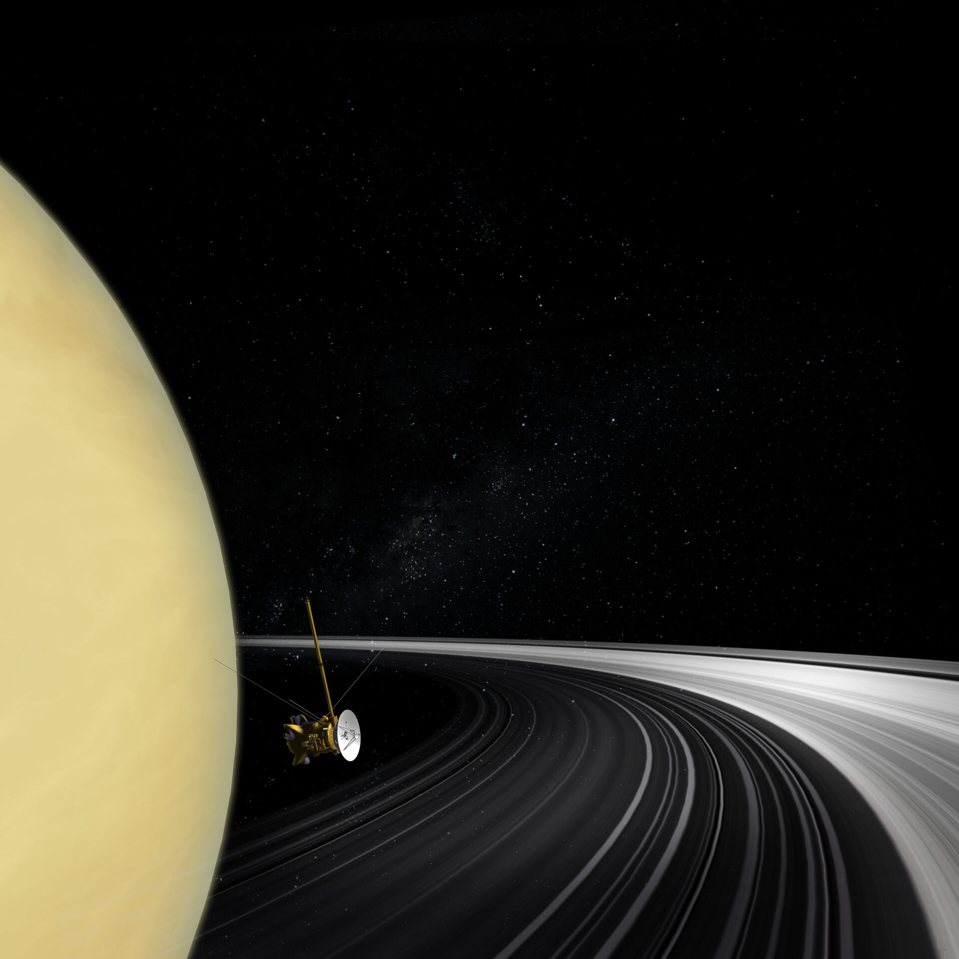 Cassini orbiter crossing Saturn's ring plane