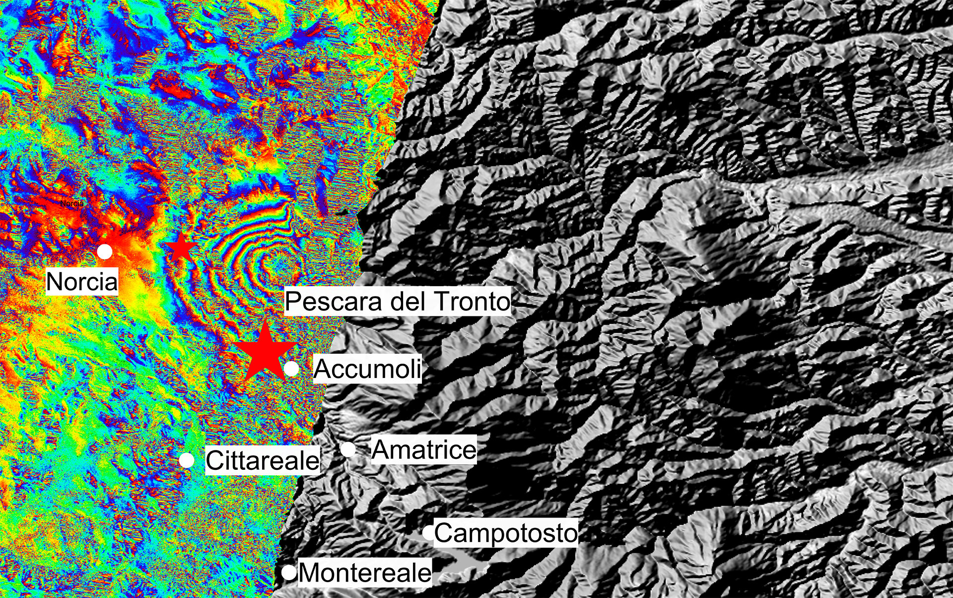 Immagine interferometrica dell'Italia centrale colpita dal sisma