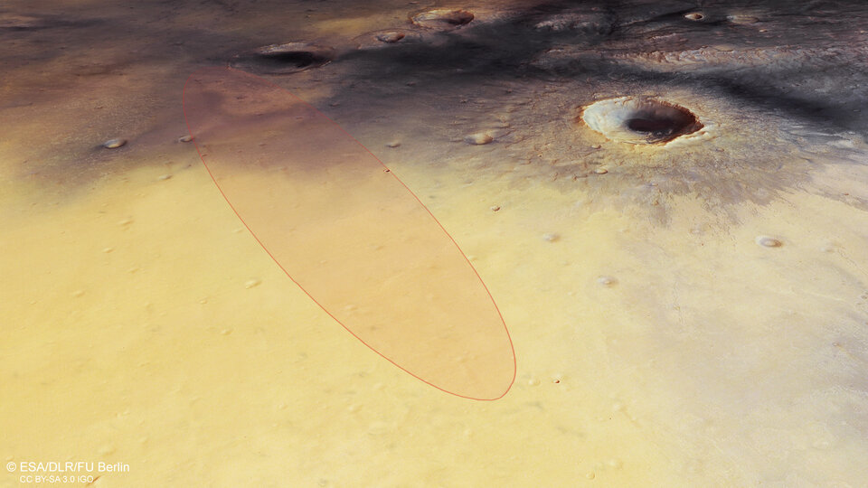 Vue en perspective de Meridiani Planum, avec l'ellipse d'atterrissage de Schiaparelli