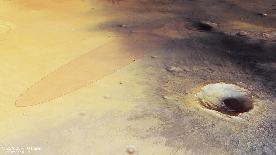 Perspektivní pohled na Meridiani Planum s cílovou elipsou mise Schiaparelli