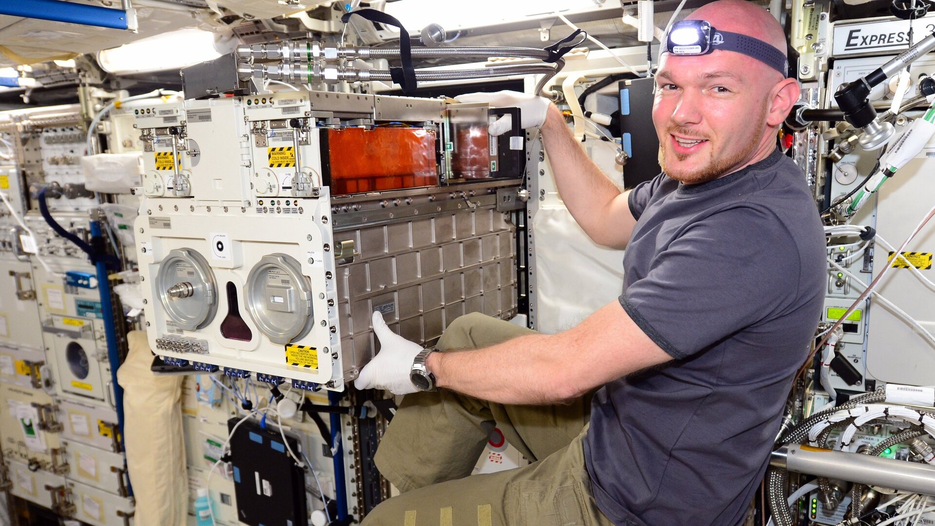 L’astronaute de l’ESA Alexander Gerst au travail avec le Biolab à bord de la station spatiale internationale.