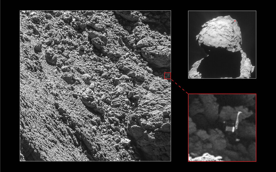 Philae ging in einer Senke des Kometen nieder, was die Kommunikation mit dem Lander erschwerte 