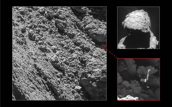 Encontrada la sonda Philae en el interior de una grieta del cometa 67P/Churyumov-Gerasimenko. Crédito: imagen principal y ampliación de la sonda de  ESA/Rosetta/MPS por el equipo de OSIRIS MPS/UPD/LAM/IAA/SSO/INTA/UPM/DASP/IDA; contexto de ESA/Rosetta/NavCam – CC BY-SA IGO 3.0
