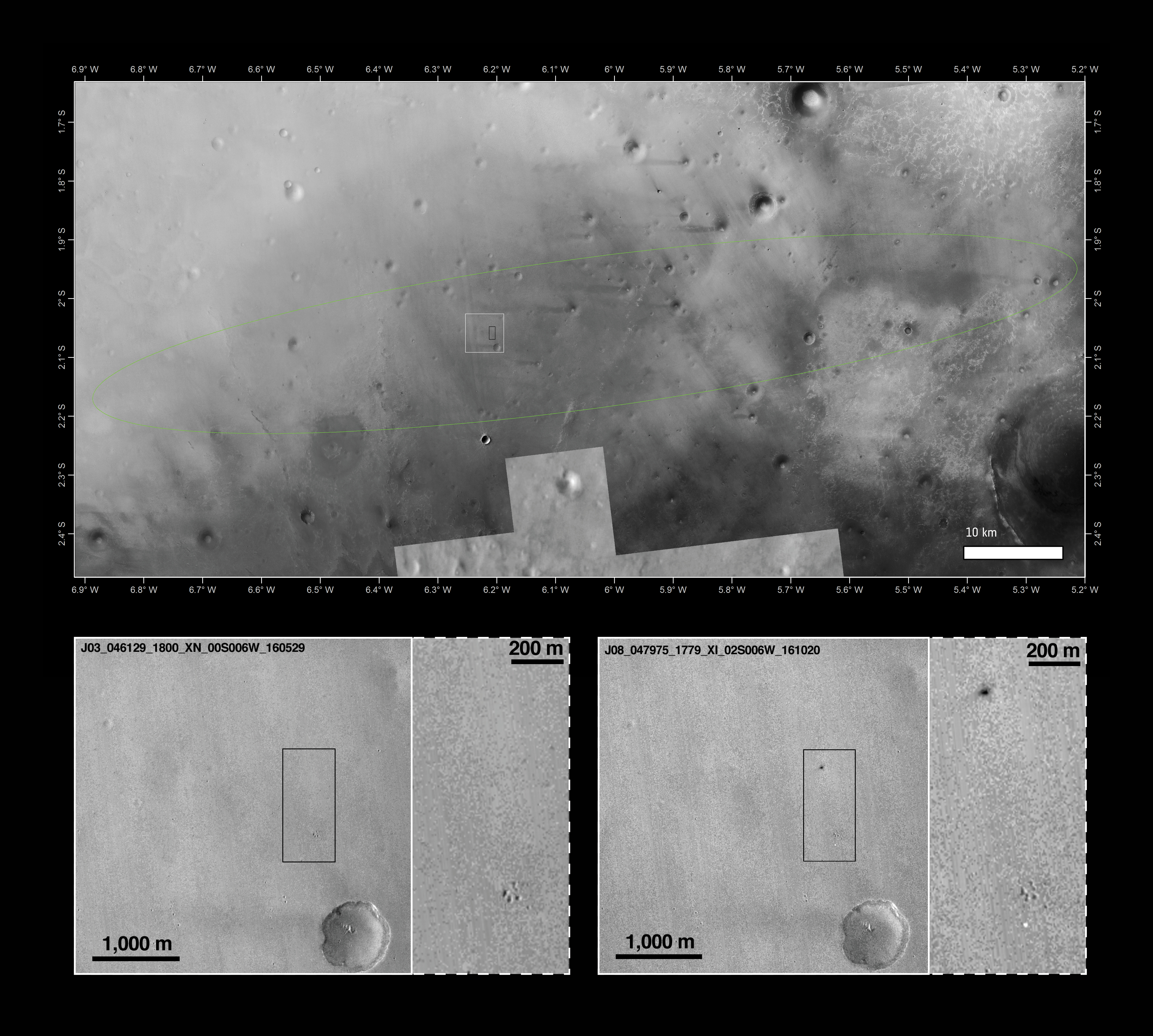 Aufnahmen der Schiaparelli-Aufschlagsstelle, Quelle: Main image: NASA/JPL-Caltech/MSSS, Arizona State University; inserts: NASA/JPL-Caltech/MSSS