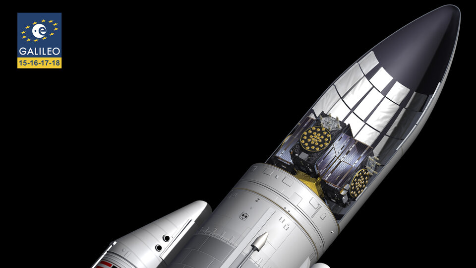 Čtyři družice Galileo pod aerodynamickým krytem Ariane-5