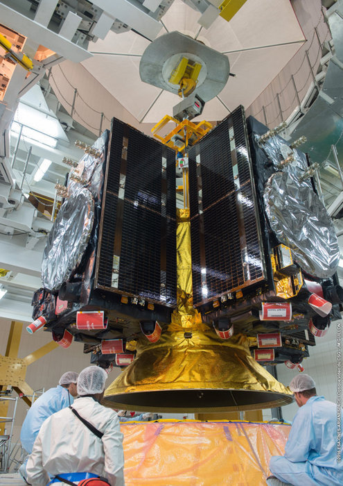 Galileo satelliidid süsteemi küljes, mis kinnitatakse Ariane-5 kanderaketi ninas asuvasse lastiruumi ning mis õigele orbiidile jõudes satelliidid vabastab. Foto: ESA-CNES-Arianespace/Optique video du CSG – JM Guillon