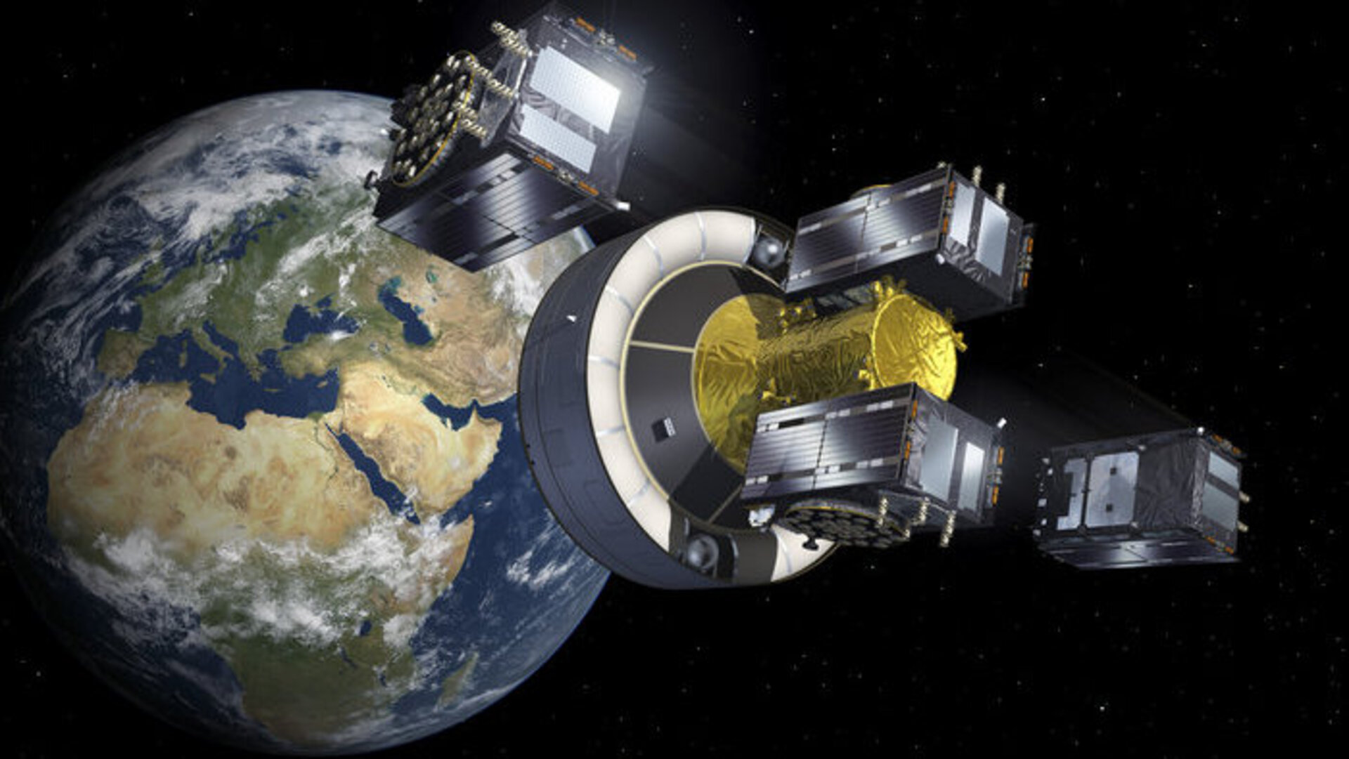 Kunstniku nägemus sellest, kuidas Galileo satelliidid nr 15-18 vabastati transpordikapslist 22 900 km kõrgusel. Kõigepealt eraldus esimene satelliidipaar, 20 minutit hiljem järgmine. Seejärel liikusid satellidid iseseisvalt veel 300 km oma lõplikule tööorbiidile, jättes Ariane-5 raketi ülemise osa ohutule "surnuaiaorbiidile" tiirlema. Kujutis: ESA-P.Carril