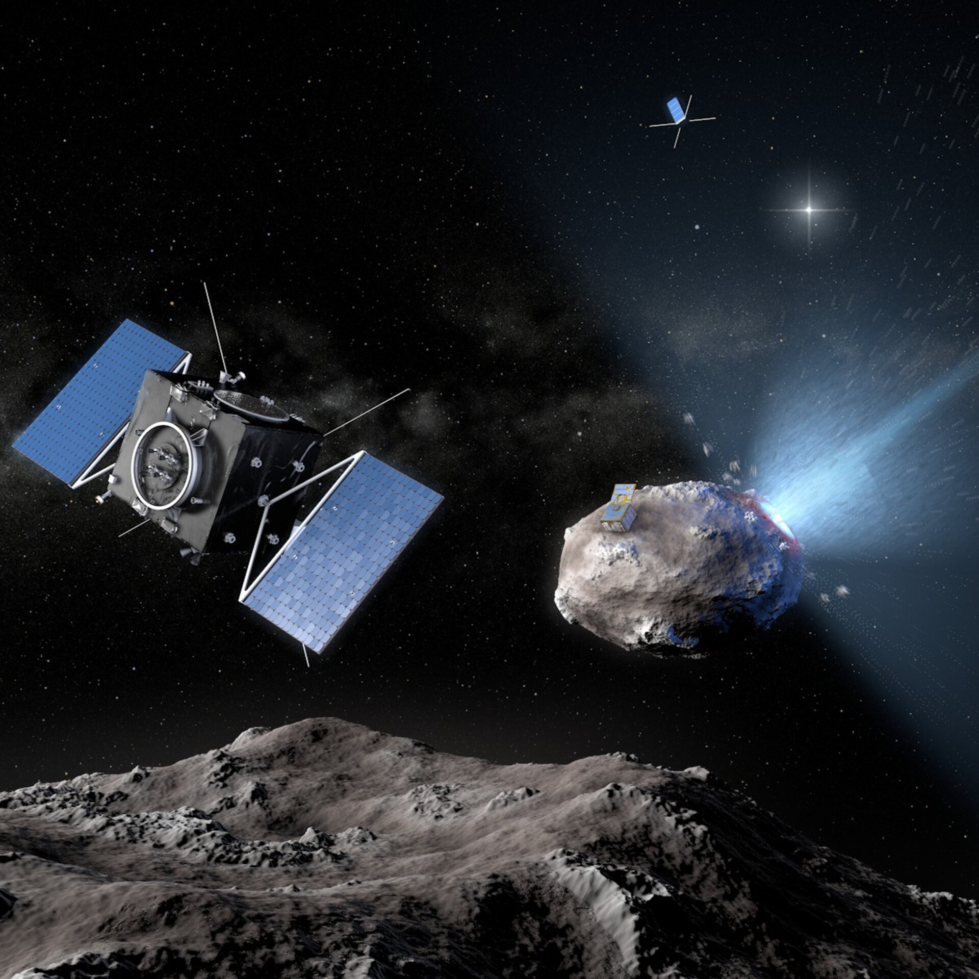 Cubesats, lander and main spacecraft & Didymoon at moment of DART impact