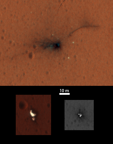 Composite of the ExoMars Schiaparelli module elements seen by NASA’s Mars Reconnaissance Orbiter High Resolution Imaging Science Experiment (HiRISE) on 1 November 2016. Both the main impact site (top) and the region with the parachute and rear heatshield (bottom left) are now captured in the central portion of the HiRISE imaging swath that is imaged through three different filters, enabling a colour image to be constructed. The front heatshield (bottom right) lies outside the central colour imaging swath.