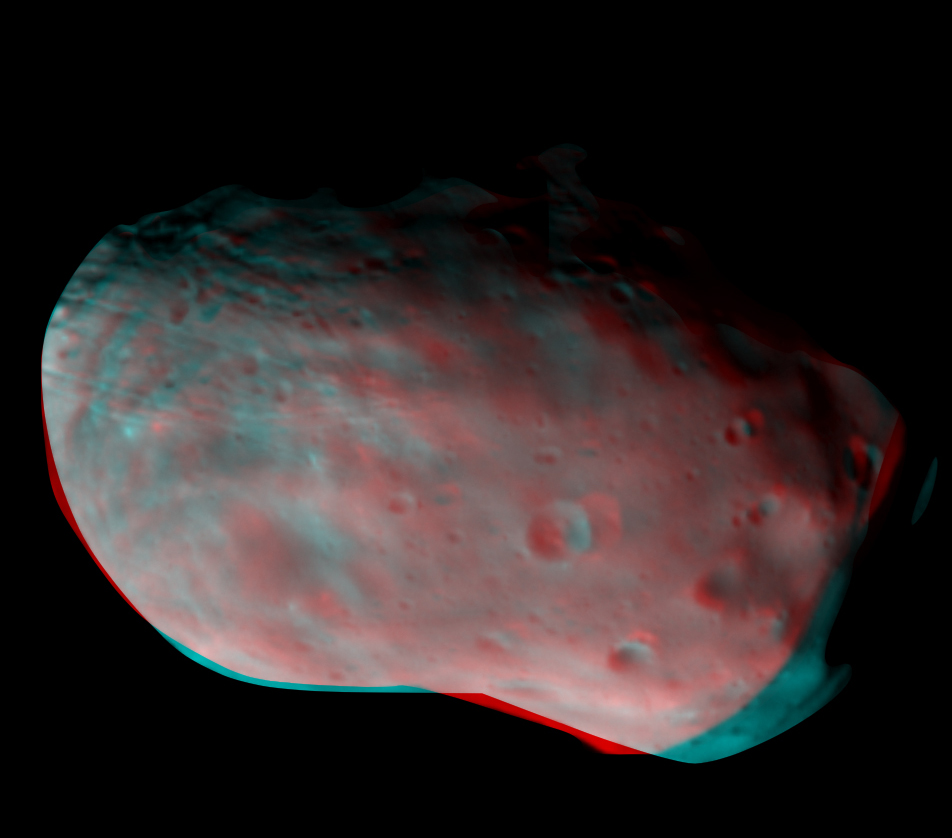 Anaglyphes Bild von Phobos, erstellt aus CaSSIS-Aufnahmen vom 26.11.2016, Quelle: ESA/Roscosmos/CaSSIS