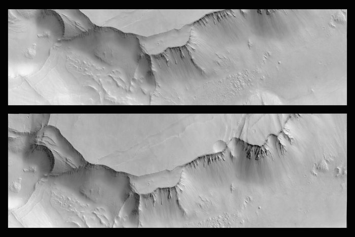 Stereo-Doppelbild eines 15x45 km großen Gebiets in der Region Noctis Labyrinthus des CaSSIS-Kamerasystems auf dem ExoMars TGO, Auflösung 7.2 m/pixel, Quelle: ESA/Roscosmos/CaSSIS, CC BY-SA 3.0 IGO