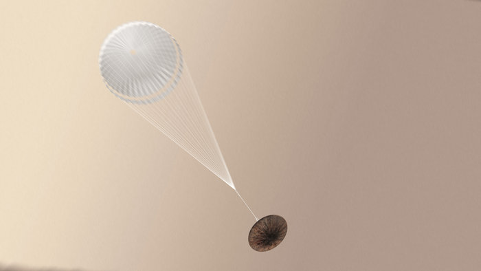 Artist impression of the Schiaparelli module with parachute deployed. Copyright ESA/ATG medialab