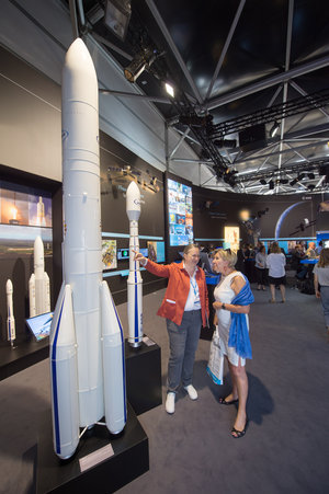 Isabelle Duvaux-Béchon shows Dominique Tilmans the ESA Pavilion