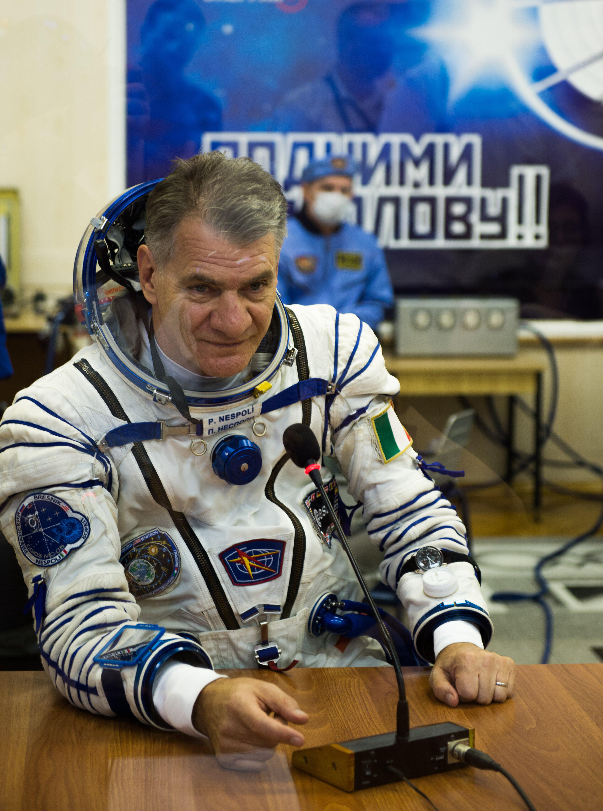 Paolo Nespoli dressed in his Russian Sokol suit 