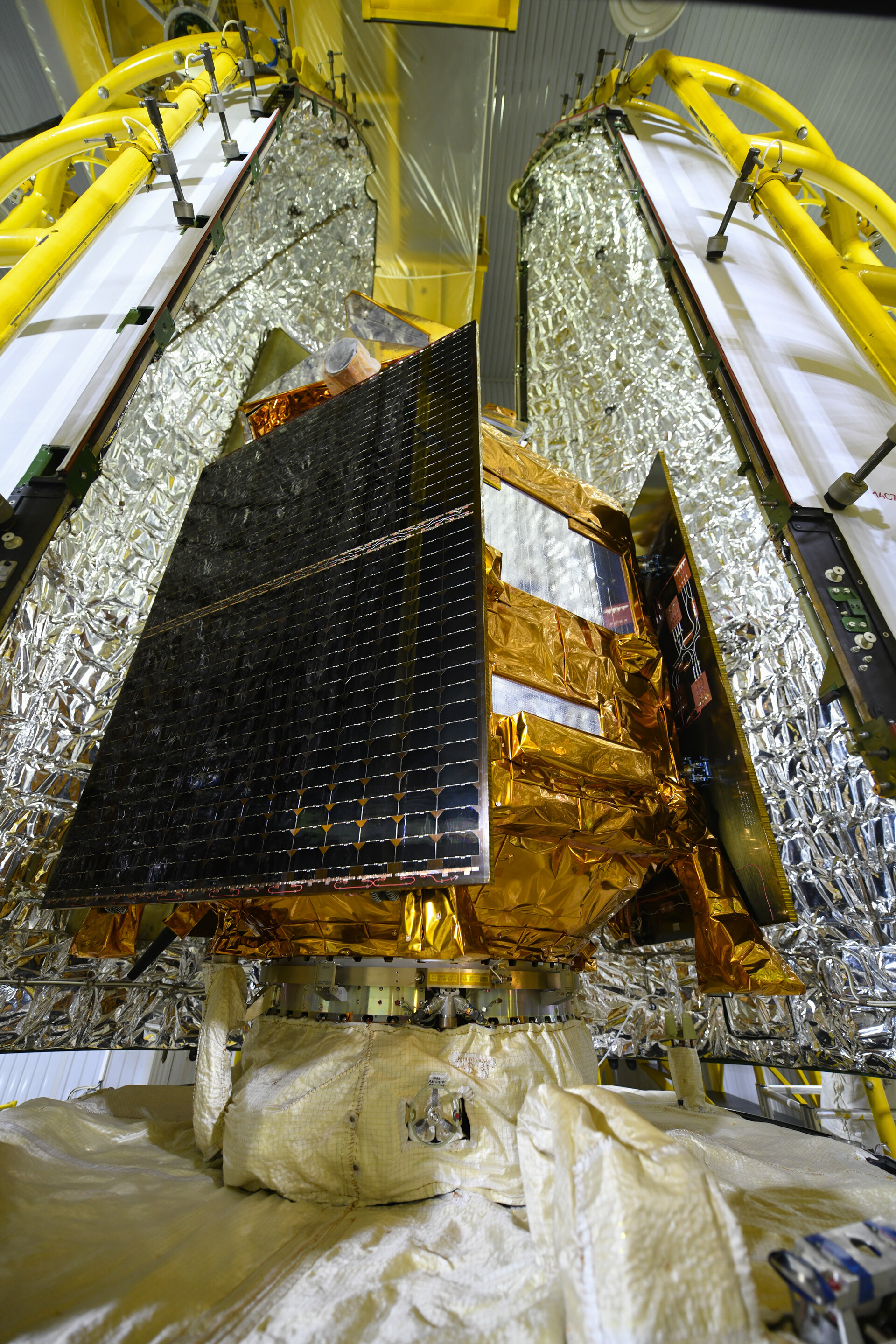 Sentinel-5P seen during the encapsulation within the launcher fairing