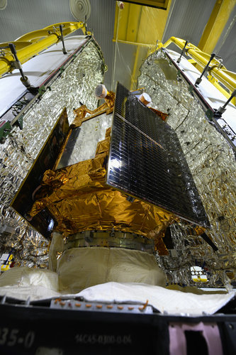 Sentinel-5P seen during the encapsulation within the launcher fairing