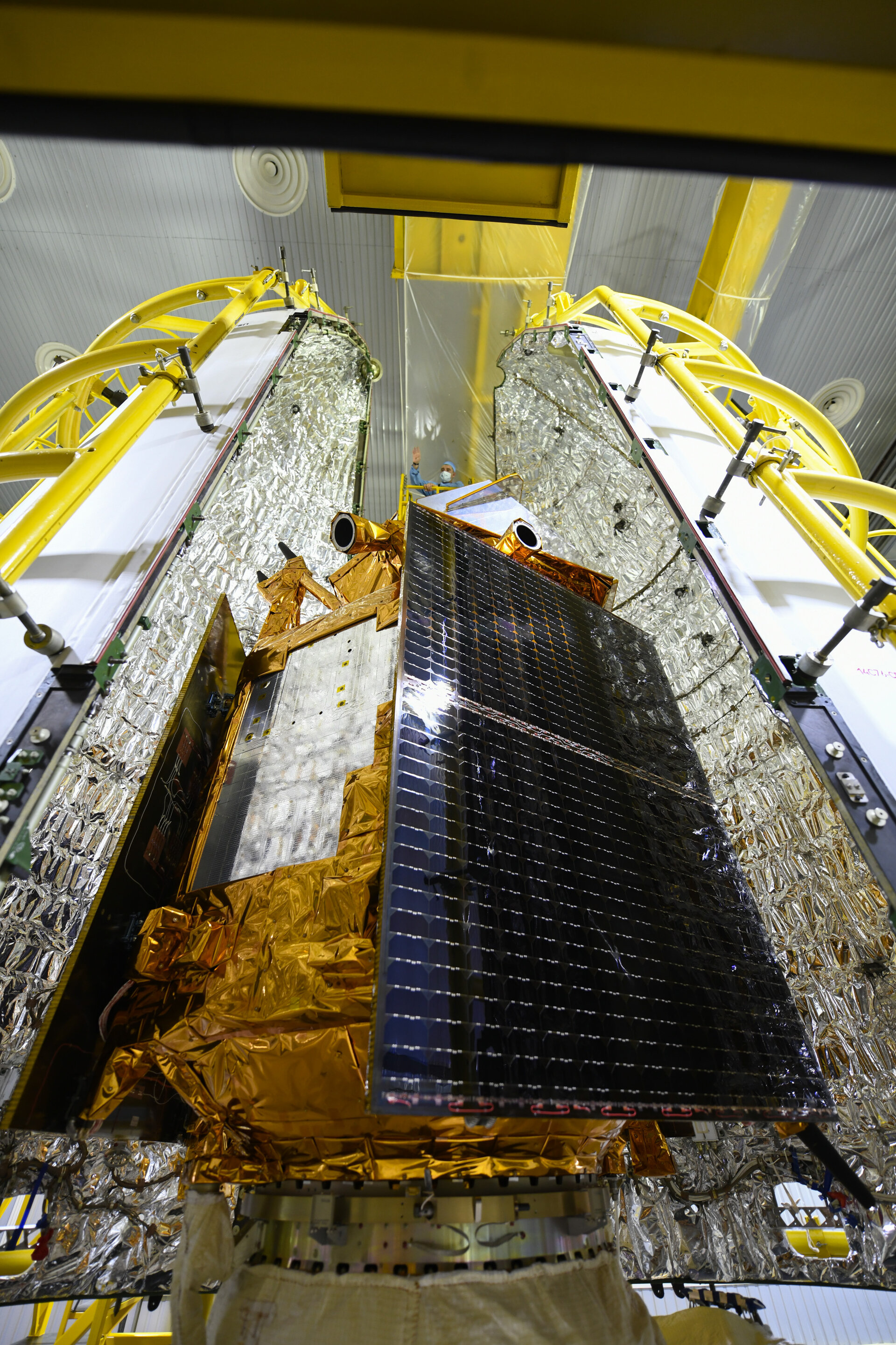 Sentinel-5P seen during the encapsulation within the launcher fairing