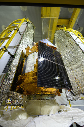 Sentinel-5P seen during the encapsulation within the launcher fairing