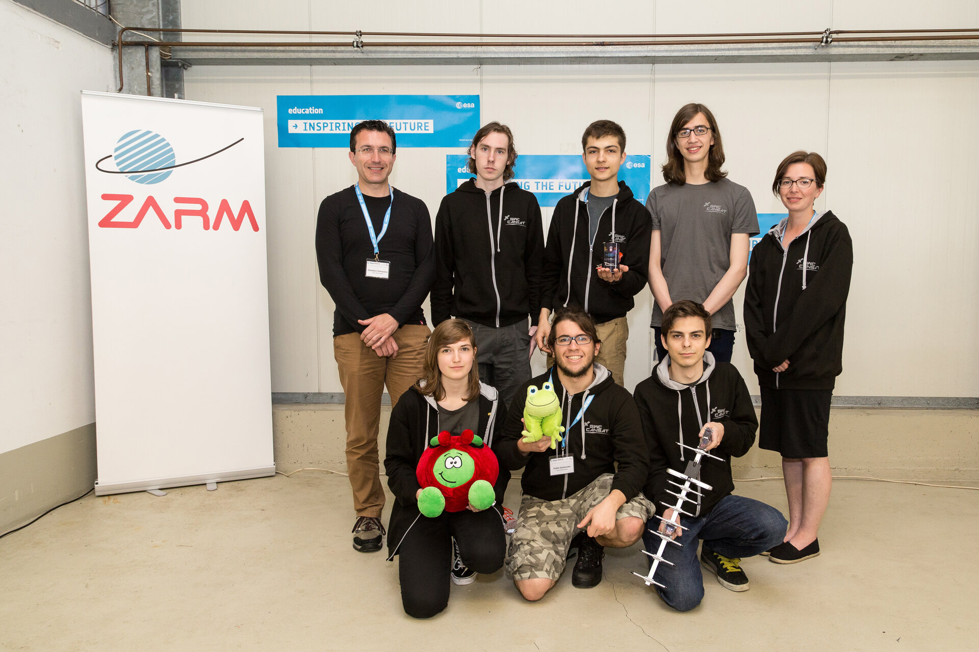 Team GWC, winners of the best report,  with their CanSat and mascot