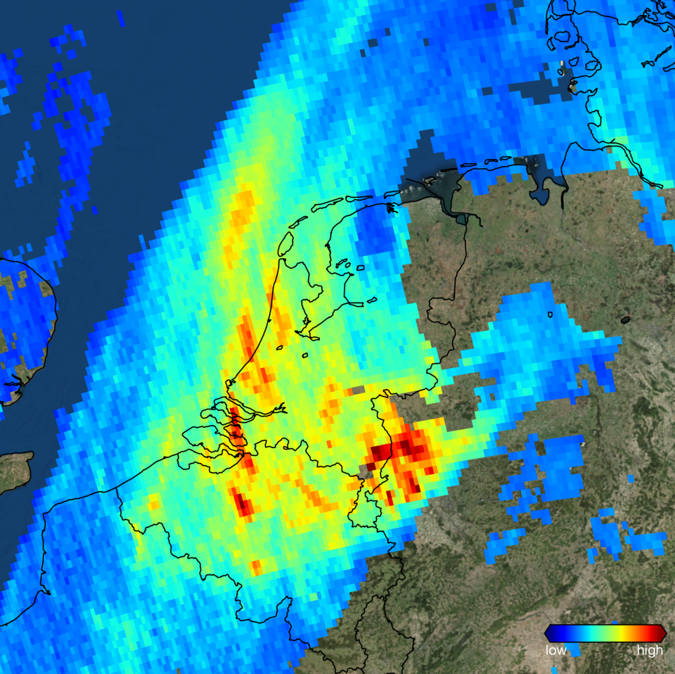 Stikstofdioxide boven België en Nederland zoals gemeten door de satelliet Sentinel-5P