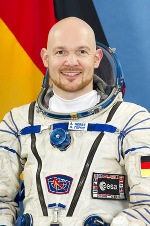 Alexander Gerst wearing the Sokol spacesuit