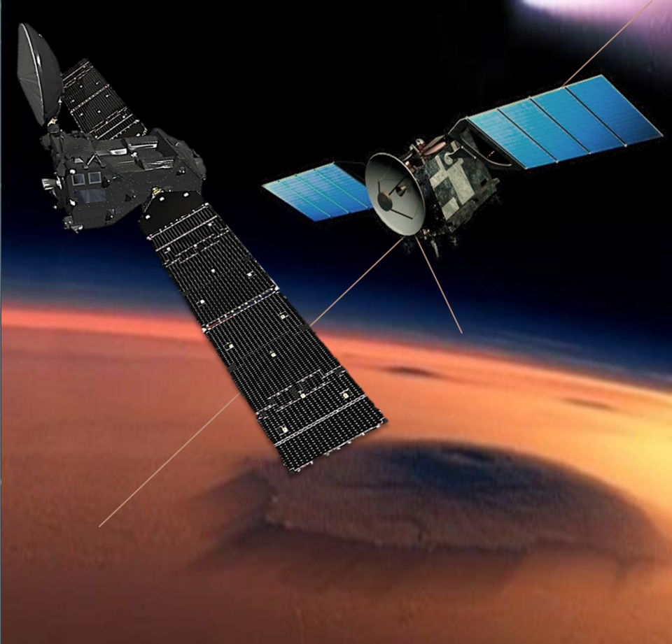 Mars Trace Gas Orbiter (left) and Mars Express (right) in composite illustration at the Red Planet