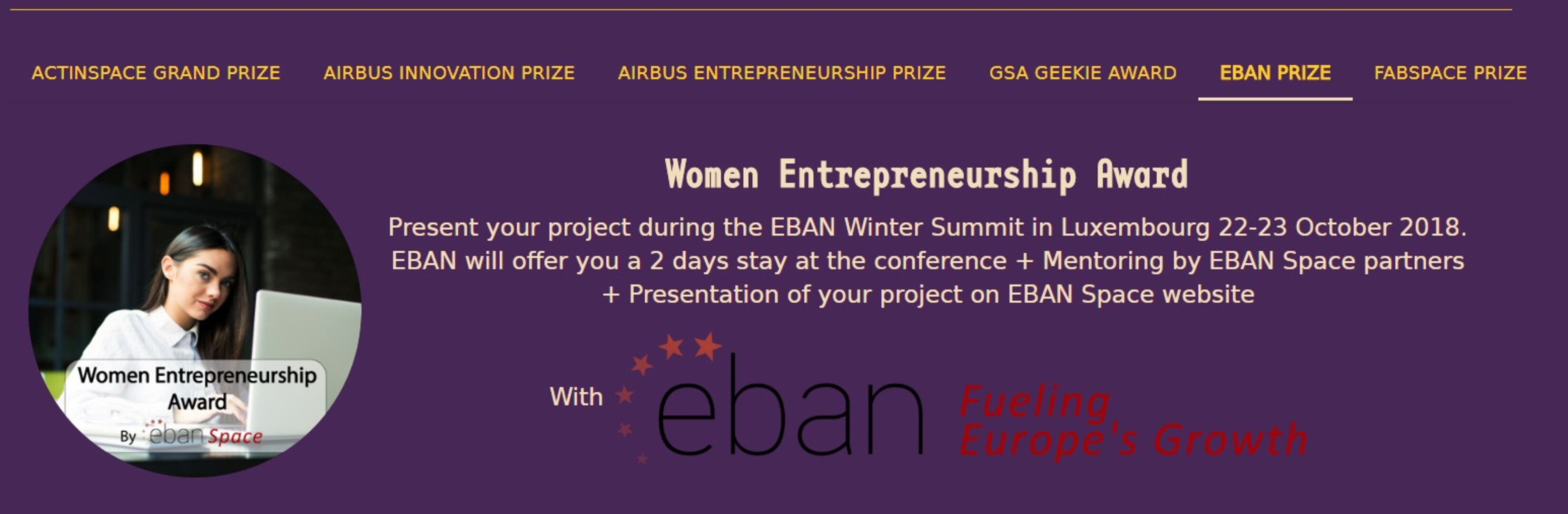 ﻿ActInSpace 2018 - EBAN PRIZE: Women Entrepreneurship Award﻿