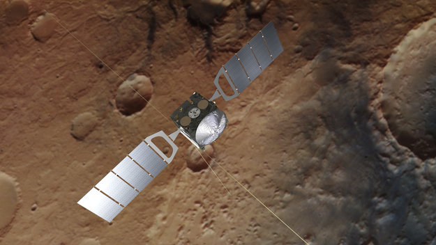 Фон основан на фактическом изображении Марса, сделанном стереокамерой высокого разрешения космического аппарата.