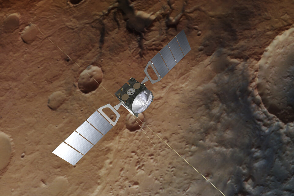 Artist impression of Mars Express, with picture of Mars behind taken by the spacecraft's High Resolution Stereo Camera