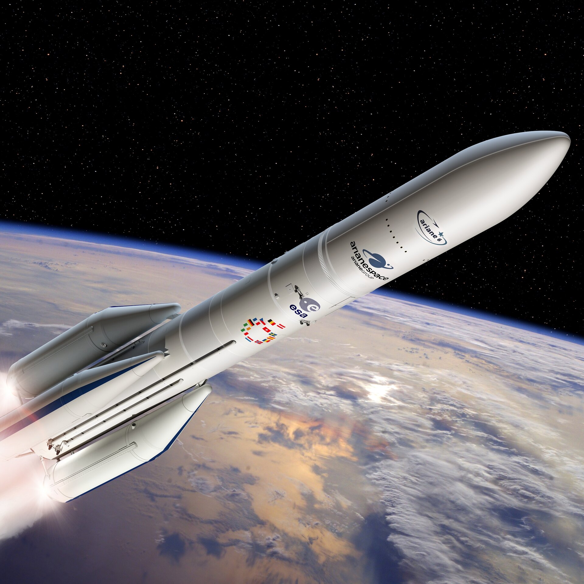 Artist's view of the configuration of Ariane 6 using four boosters (A64)