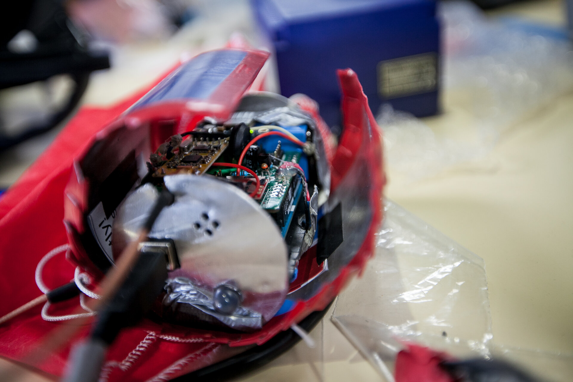The inner workings of a CanSat under final preparations for launch