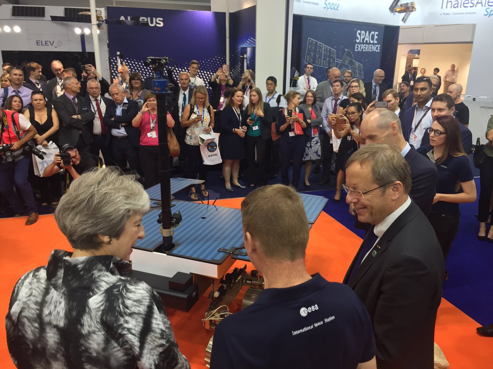 UK PM Theresa May with ESA Exomars Rover at Farnborough Airshow 2018