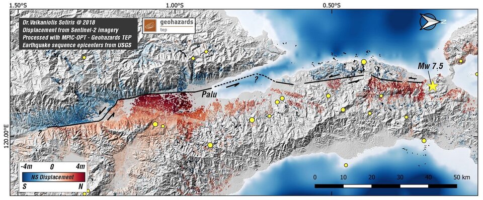 Pohyby horniny po zemětřesení v Indonésii