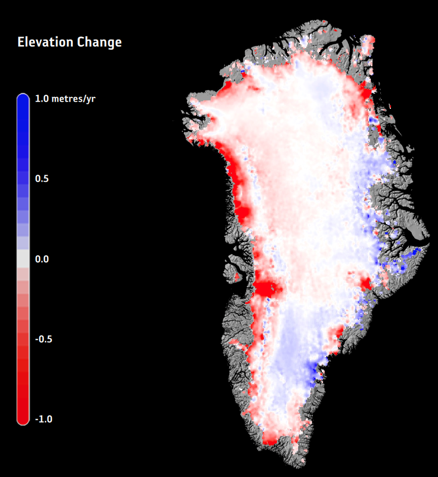 La calotte glaciaire du Groenland entre 1992 et 2016 (données issues des missions ERS, Envisat et CryoSat) 