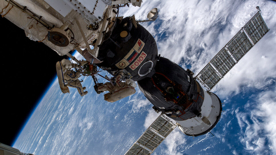 Soyuz MS-09 during spacewalk