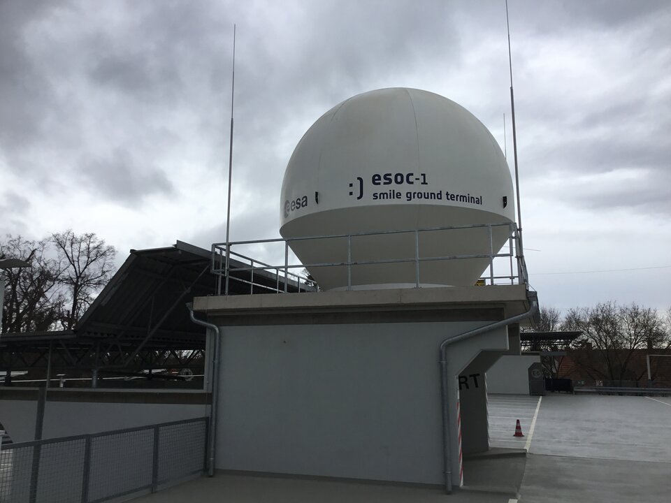 Antenne der OPS-SAT Missionskontrolle im Satellitenkontrollzentrum der ESA in Darmstadt