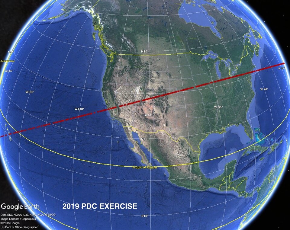 Estimated risk corridor for the impact of a hypothetical asteroid