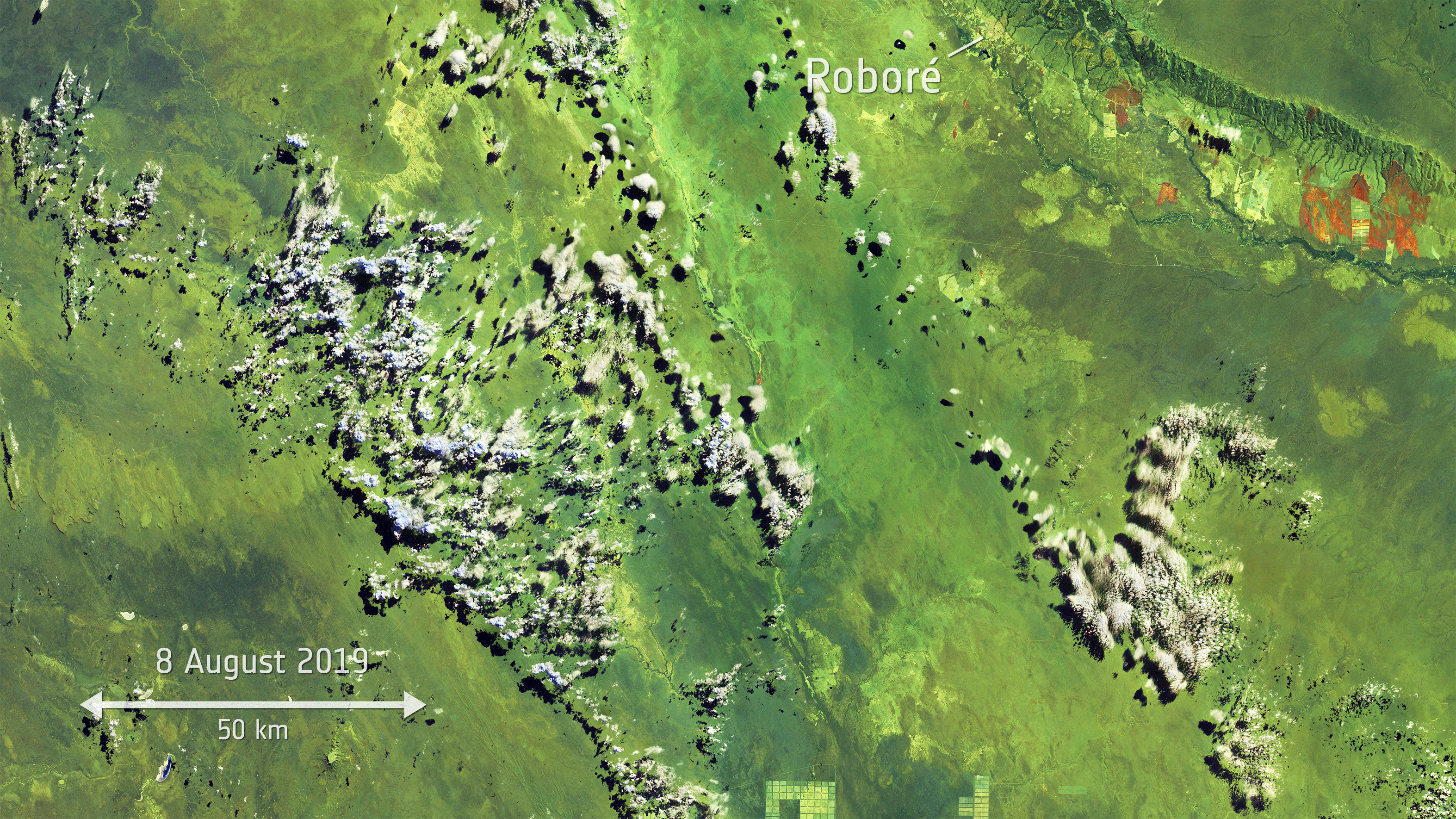 Waldbrände an der Grenze zwischen Bolivien, Paraguay und Brasilien, aufgenommen vom Copernicus Sentinel-2-Satelliten