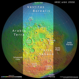 A slice of Mars in topographic context: Terra Sabaea and Arabia Terra