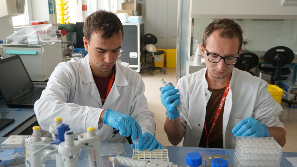 Two members of the HyperCells team fixing cells after a 24-hour spin